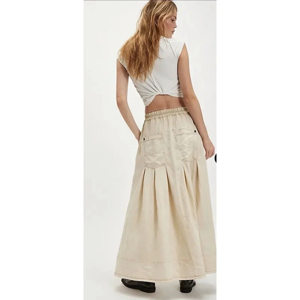 Free People Maxi Skirt Beige Rough Riding Preppy Retro Boho Vacay Small New